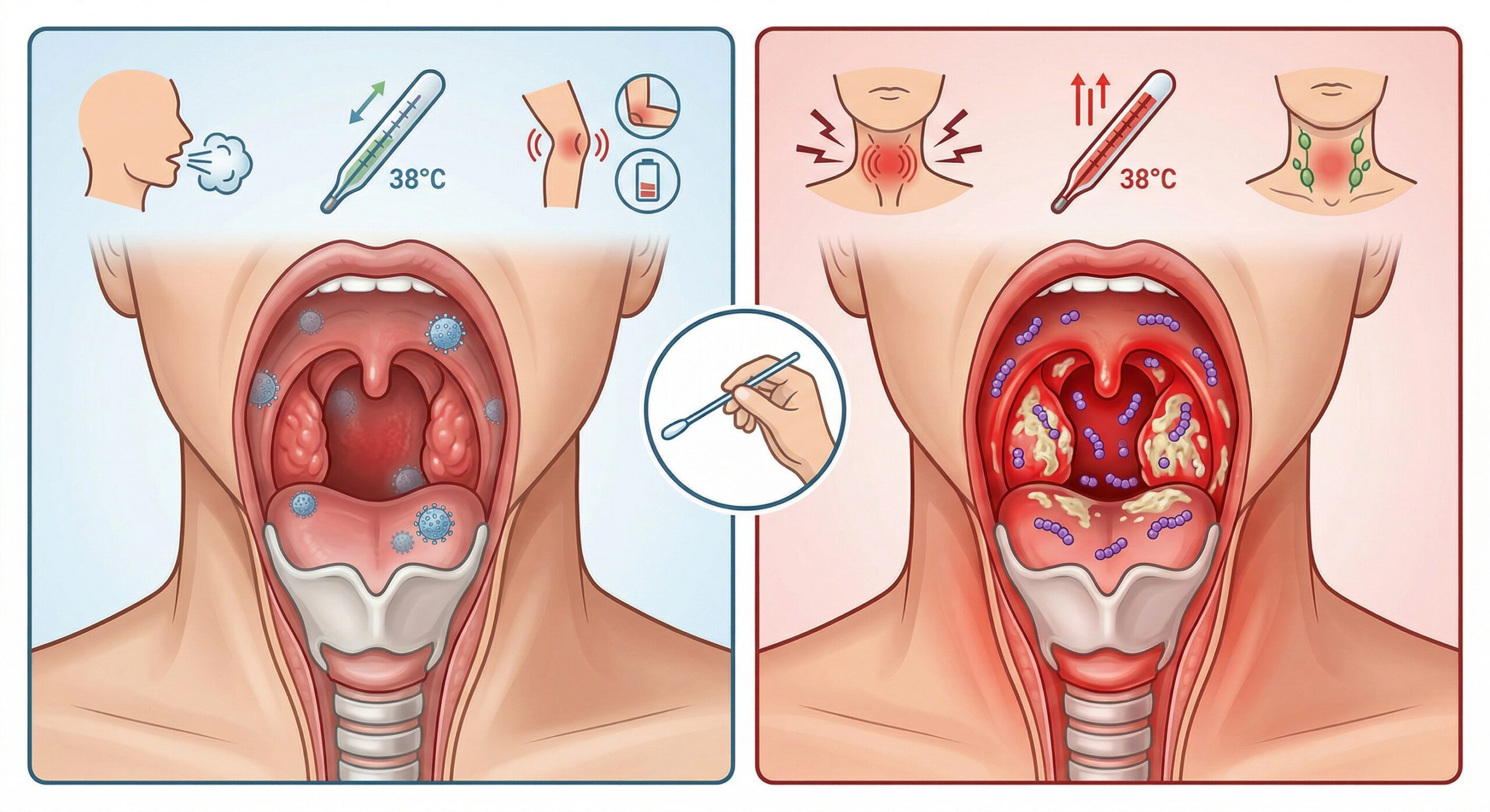 Illustration médicale comparative montrant une angine virale (à gauche, gorge rouge sans points blancs) et une angine bactérienne (à droite, points blancs et inflammation intense), avec l'icône centrale du test TDR (Streptatest).