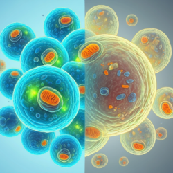 Ilustración científica del envejecimiento celular que muestra la diferencia entre las células sanas y las células senescentes relacionadas con la inflamación y el envejecimiento del organismo.