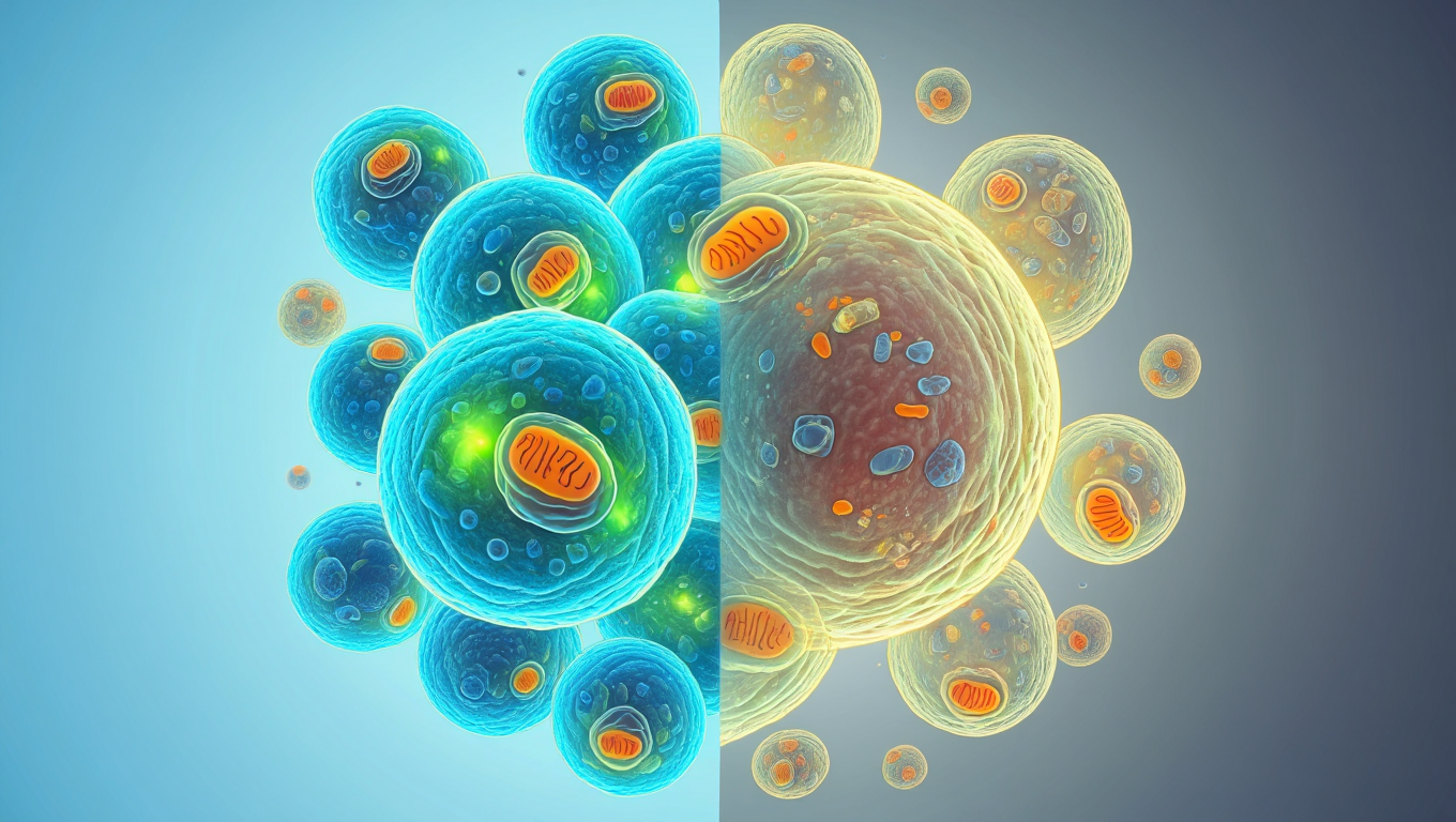 Illustration scientifique du vieillissement cellulaire montrant la différence entre cellules saines et cellules sénescentes liées à l’inflammation et au vieillissement de l’organisme.