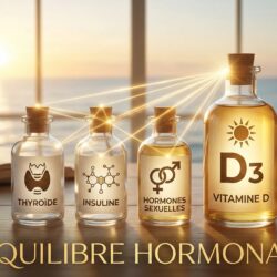 Illustration symbolisant l'impact de la Vitamine D sur la thyroïde, l'insuline et les hormones sexuelles avec des flacons d'apothicaire sous une lumière solaire.