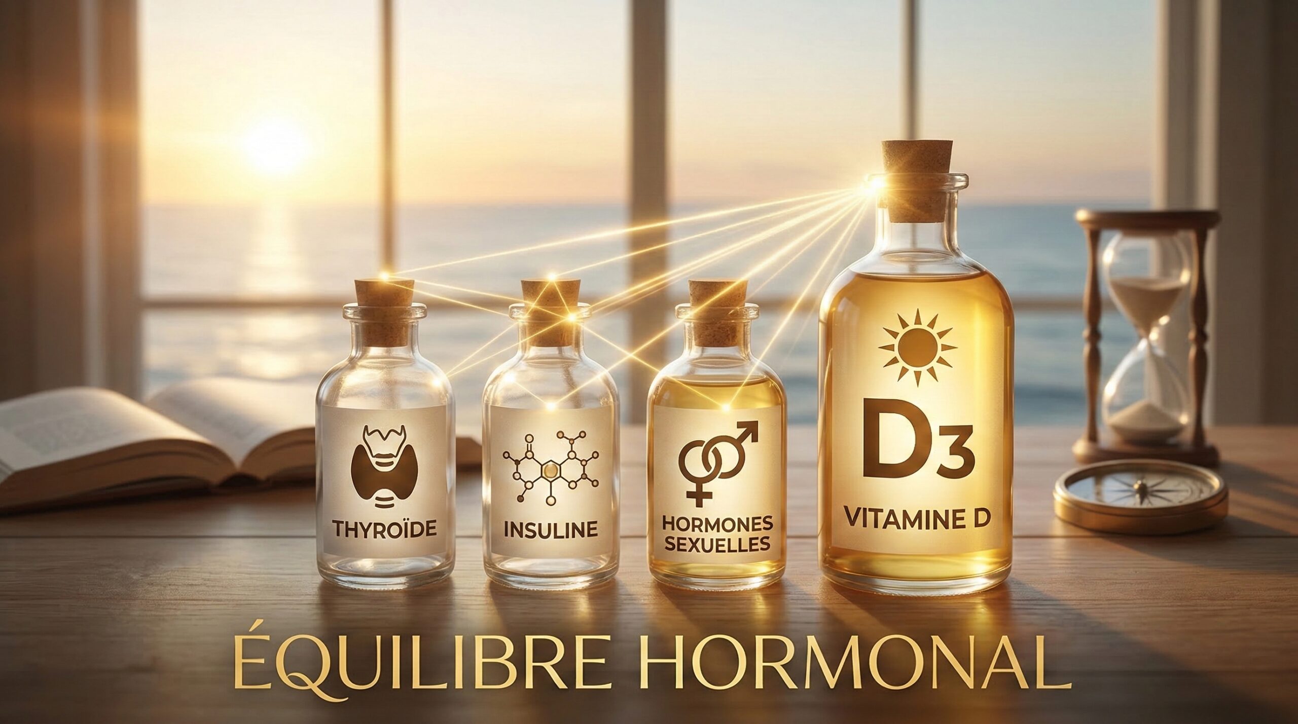 Illustration symbolisant l'impact de la Vitamine D sur la thyroïde, l'insuline et les hormones sexuelles avec des flacons d'apothicaire sous une lumière solaire.