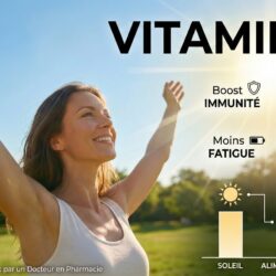 Infographie sur la vitamine D montrant une femme épanouie au soleil avec les bénéfices pour l'immunité, la fatigue et les os.