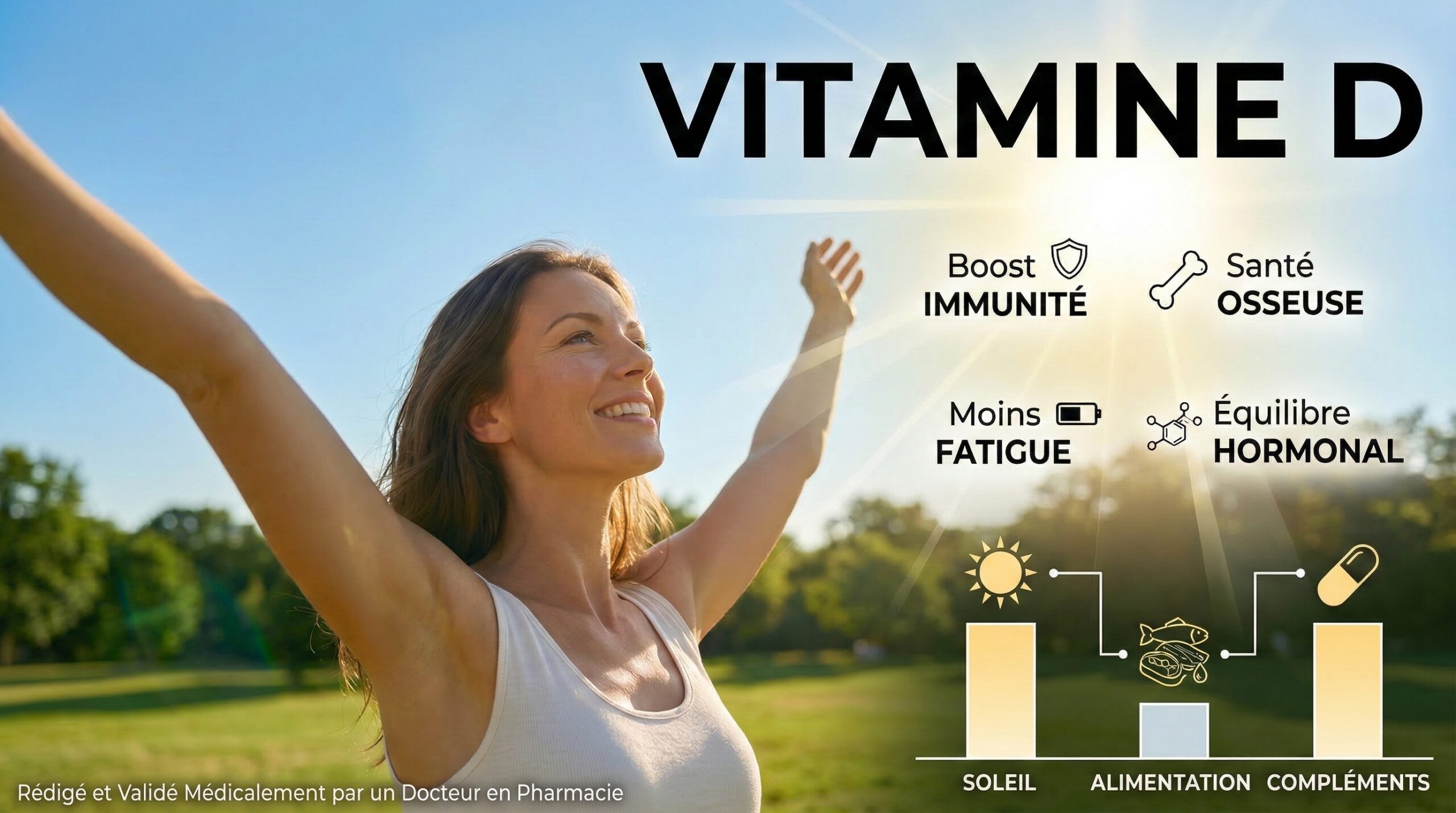 Infographie sur la vitamine D montrant une femme épanouie au soleil avec les bénéfices pour l'immunité, la fatigue et les os.