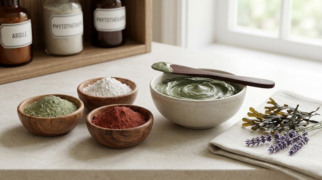 Préparation galénique d'un cataplasme d'argile verte dans un bol en céramique, entouré de trois bols en bois contenant de l'argile verte, blanche et rouge en poudre, avec des algues Fucus séchées.