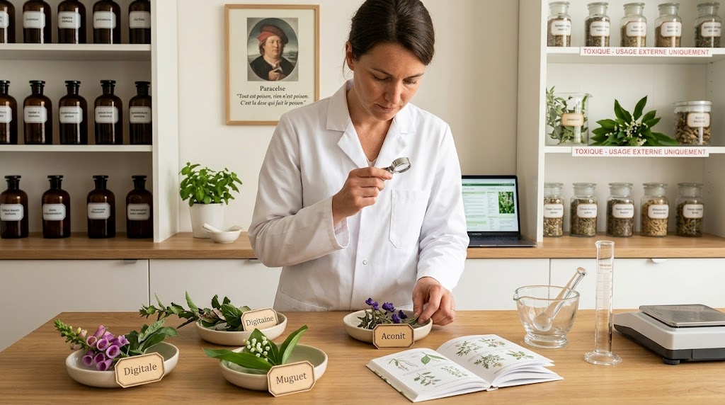 Une pharmacienne experte examine une plante médicinale potentiellement toxique (Aconit) à l'aide d'une loupe dans un laboratoire d'herboristerie sécurisé, entourée de Digitale et de Muguet bien identifiés.