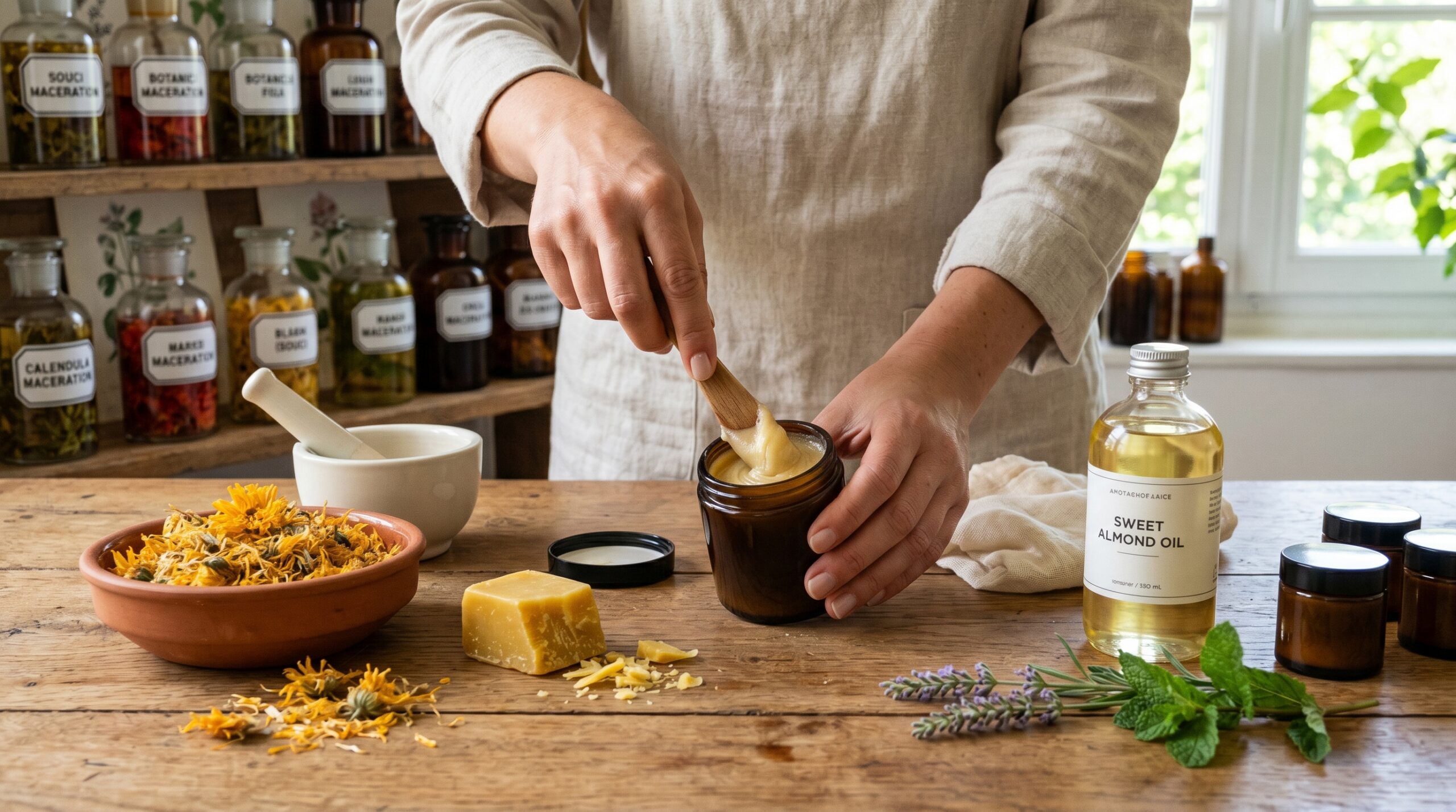 Préparation galénique d'un onguent au calendula pour le soin de la peau avec cire d'abeille et huile d'amande douce sur un établi en bois.
