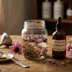 Flacon en verre ambré de teinture-mère d'échinacée à côté d'un bocal de macération de plantes médicinales sur une table en bois.
