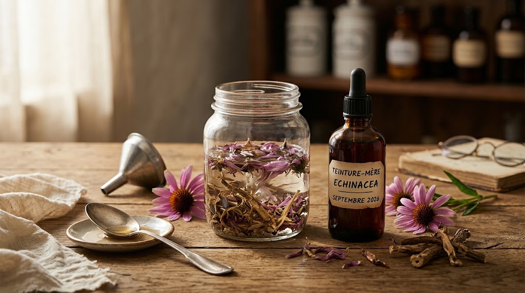 Flacon en verre ambré de teinture-mère d'échinacée à côté d'un bocal de macération de plantes médicinales sur une table en bois.