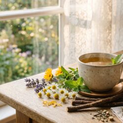 Une tasse de tisane fumante sur une table en bois clair entourée de sommités fleuries de camomille et de racines de réglisse, éclairage naturel.