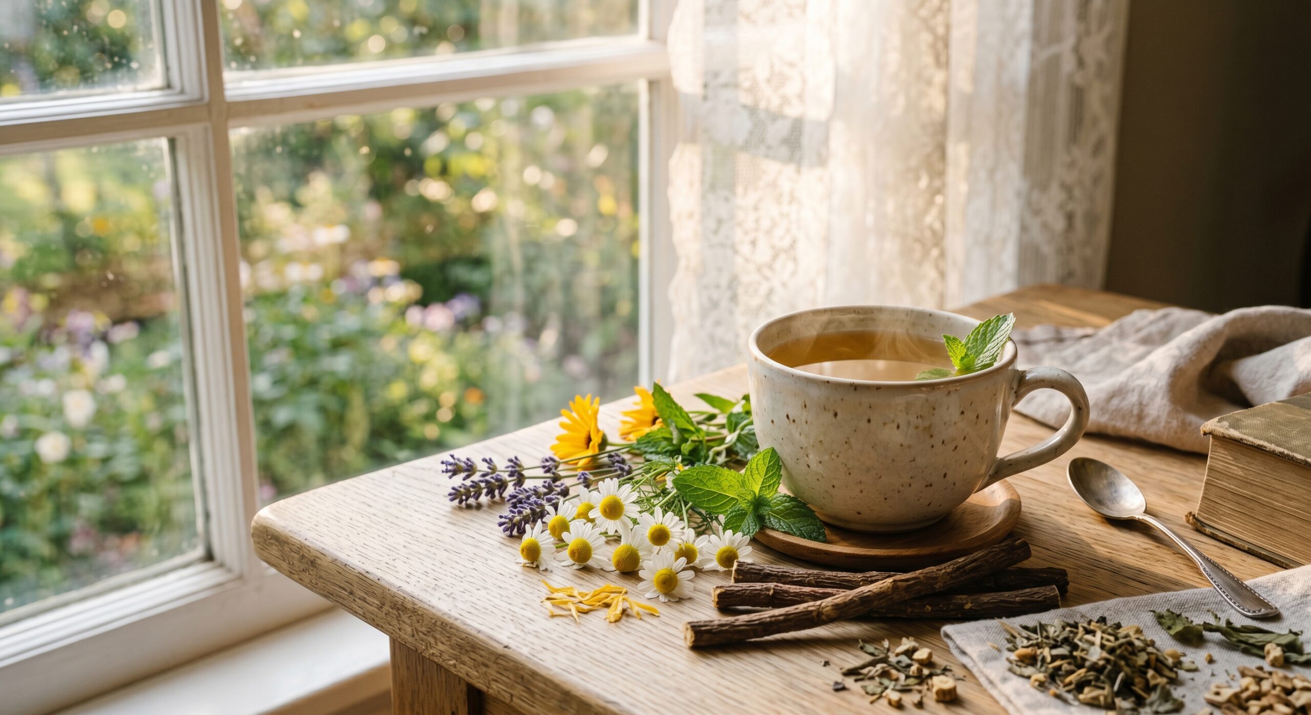 Une tasse de tisane fumante sur une table en bois clair entourée de sommités fleuries de camomille et de racines de réglisse, éclairage naturel.