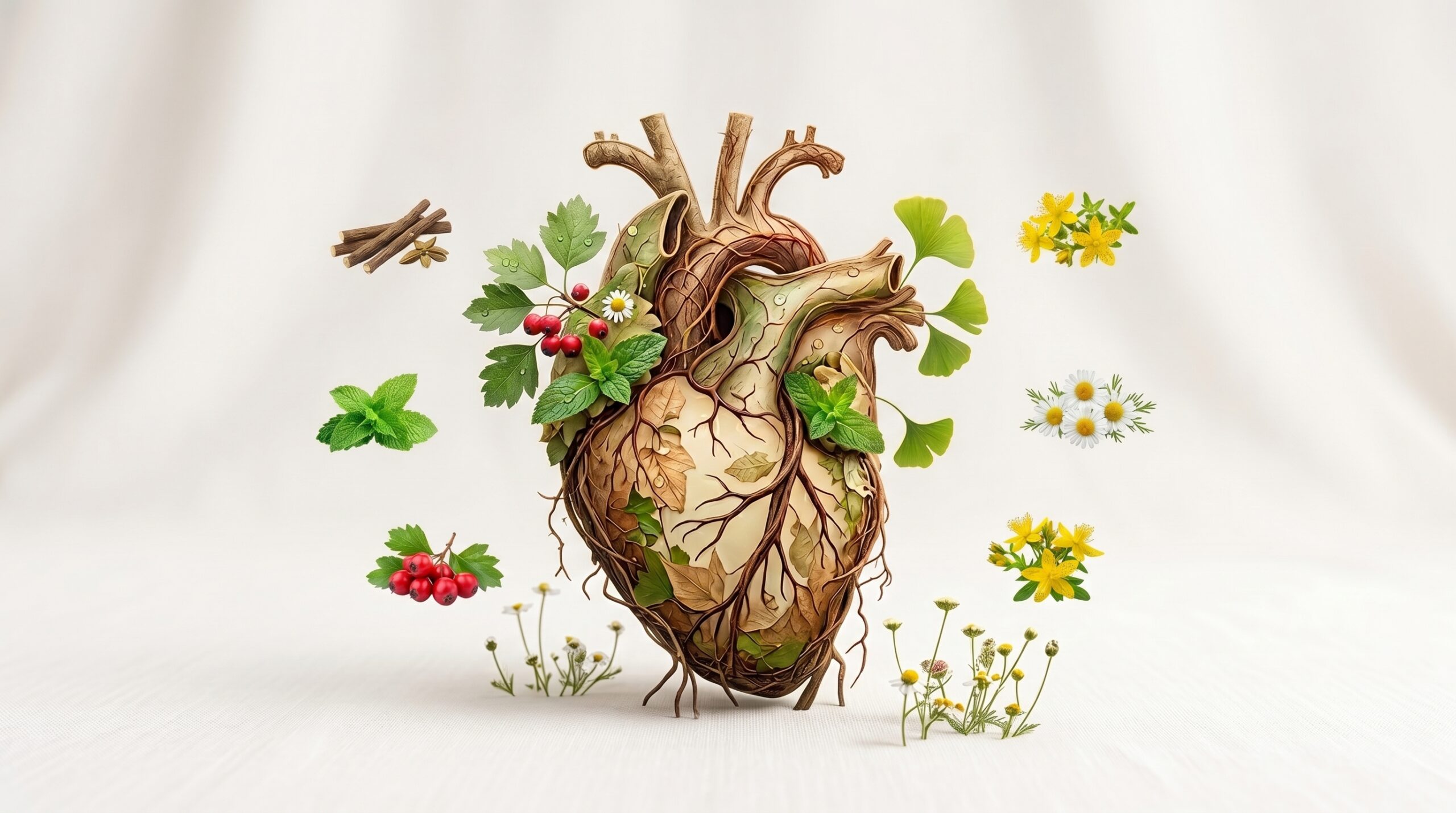 Illustration artistique d'un cœur humain formé par des branches et racines entouré de plantes médicinales sur fond neutre lumineux.