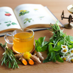 Tisane de phytothérapie avec gingembre, camomille, menthe et romarin sur une table en bois avec livre de plantes médicinales ouvert.