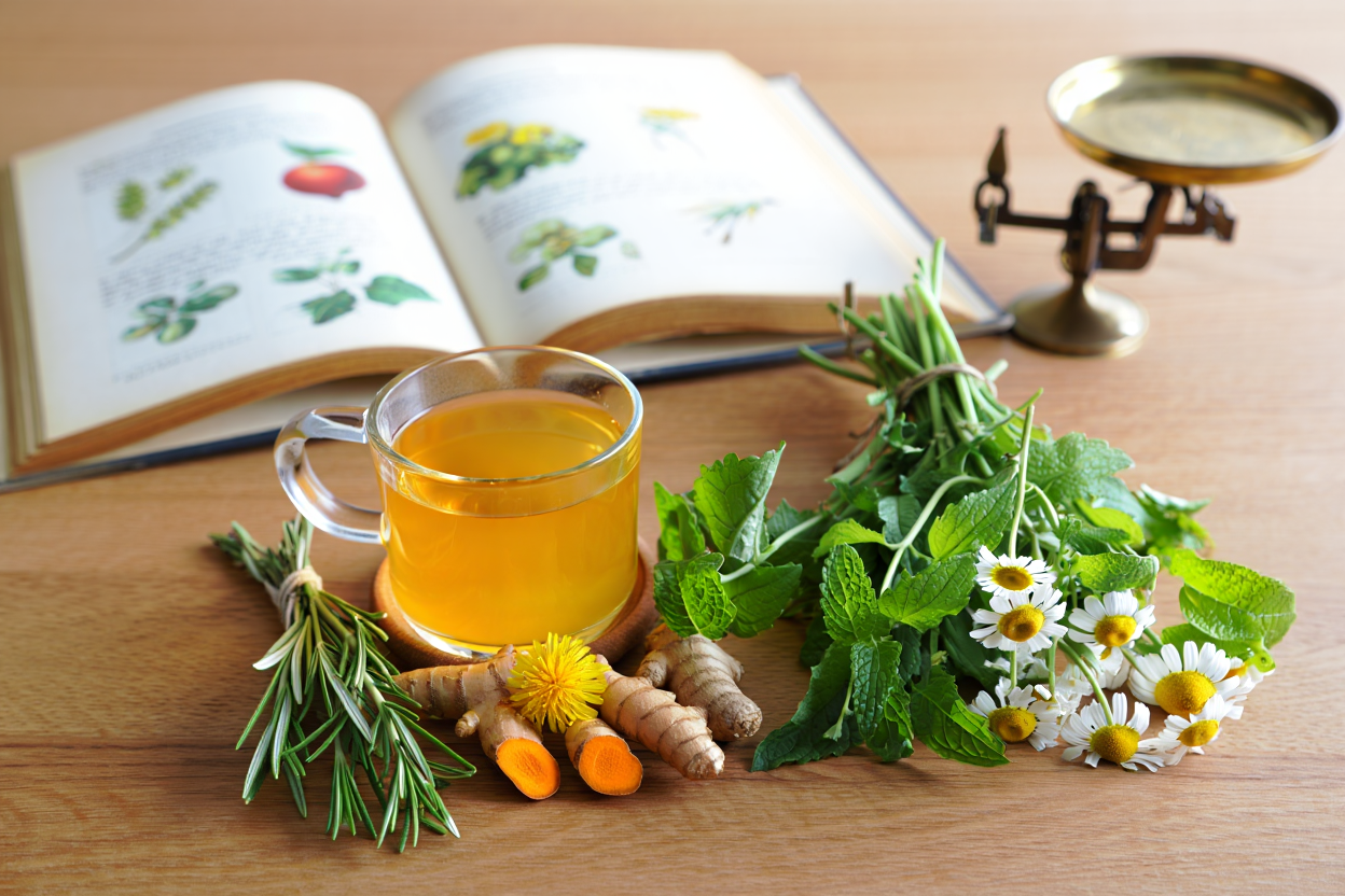 Tisane de phytothérapie avec gingembre, camomille, menthe et romarin sur une table en bois avec livre de plantes médicinales ouvert.