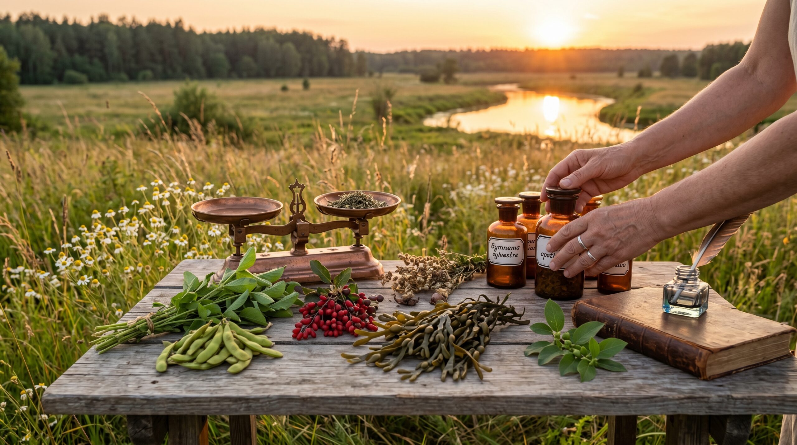 Flacons d'apothicaire, balance de précision et plantes médicinales comme le soja et le fucus sur une table en bois face à un coucher de soleil.