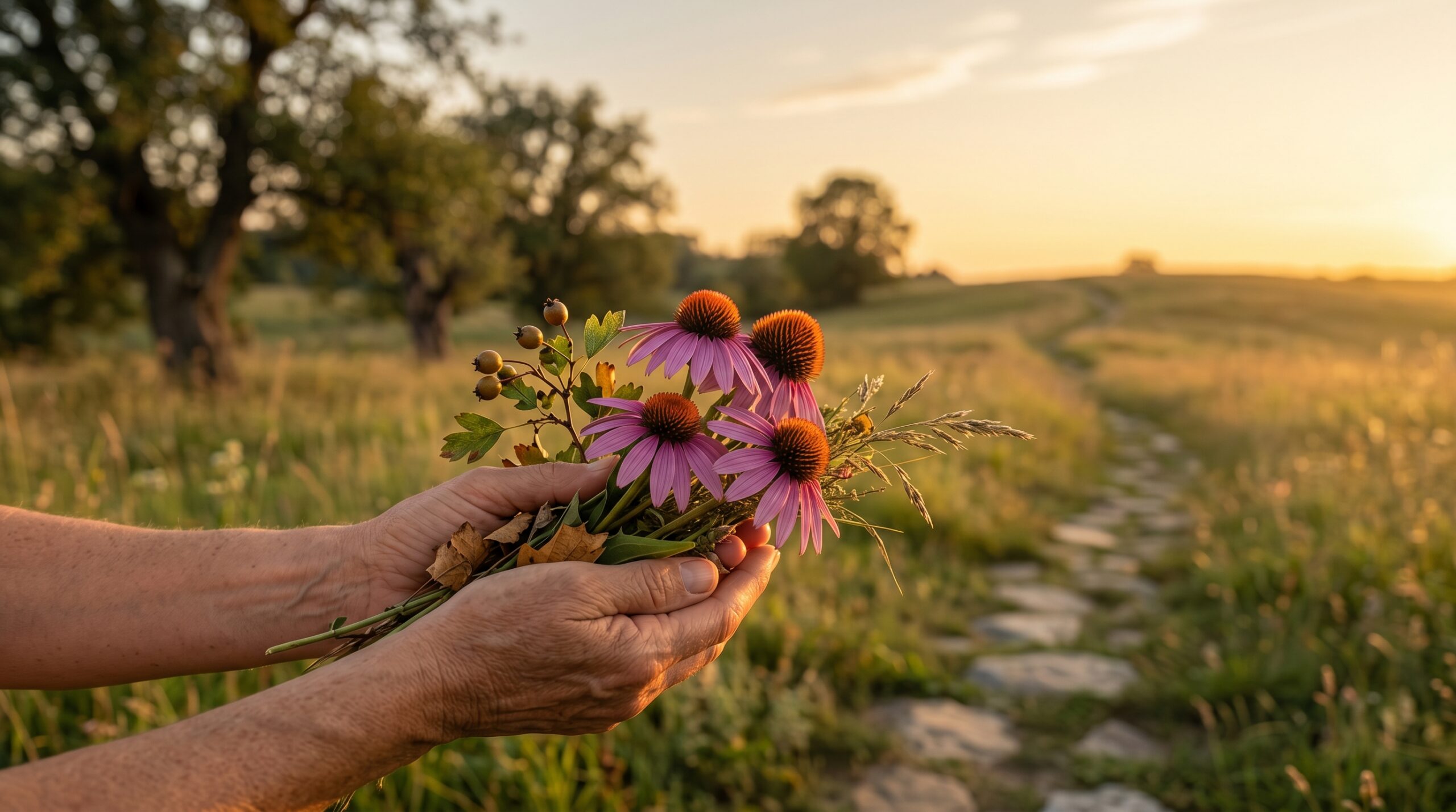 Mains tenant des fleurs d'échinacée fraîche dans un champ en fin de journée sous une lumière chaude dorée.