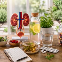 Illustration de santé rénale avec un modèle anatomique de reins, une carafe d'eau citronnée, une infusion de plantes, des baies et un carnet de notes sur une table en bois.