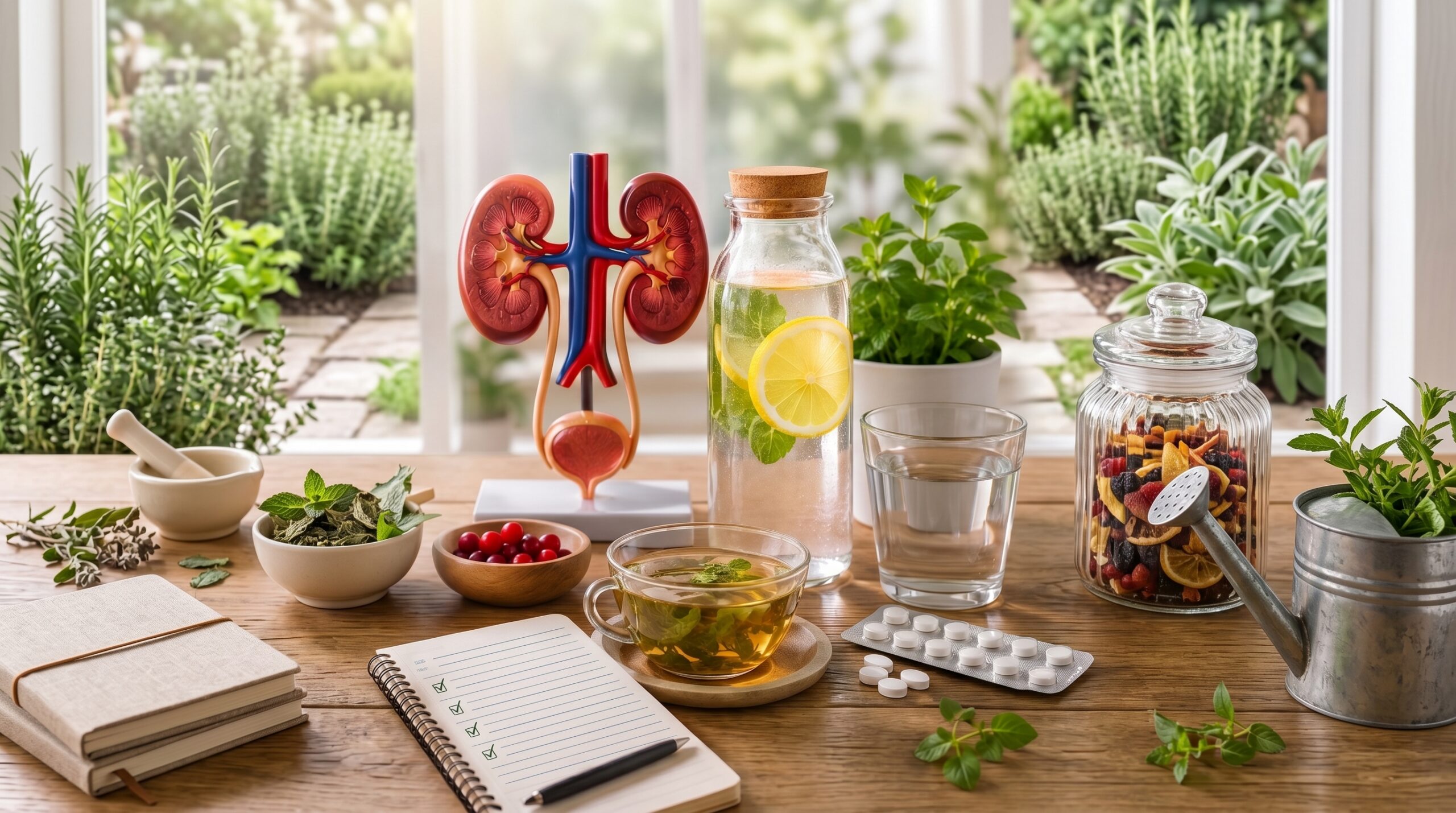 Illustration de santé rénale avec un modèle anatomique de reins, une carafe d'eau citronnée, une infusion de plantes, des baies et un carnet de notes sur une table en bois.