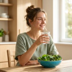 Une jeune femme souriante à la peau naturelle boit un verre d'eau pure dans une cuisine lumineuse devant un bol de légumes verts frais.