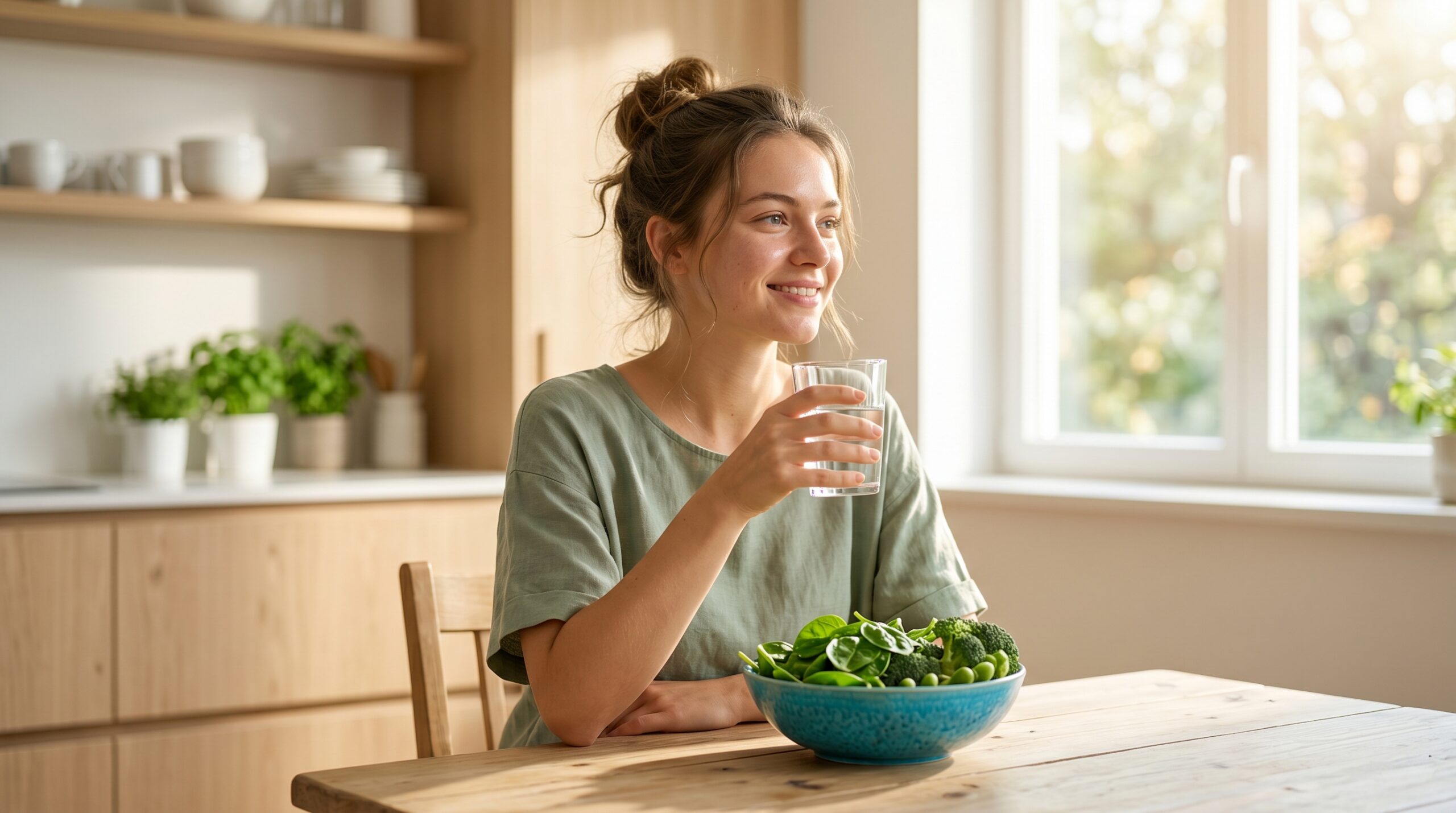 Une jeune femme souriante à la peau naturelle boit un verre d'eau pure dans une cuisine lumineuse devant un bol de légumes verts frais.