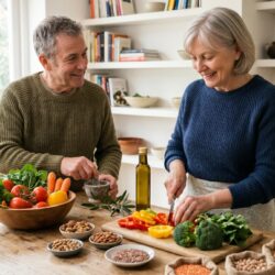 Un couple de seniors souriants cuisine ensemble un repas anti-inflammatoire riche en légumes colorés, oléagineux et légumineuses pour soulager l'arthrose et protéger chaque articulation.
