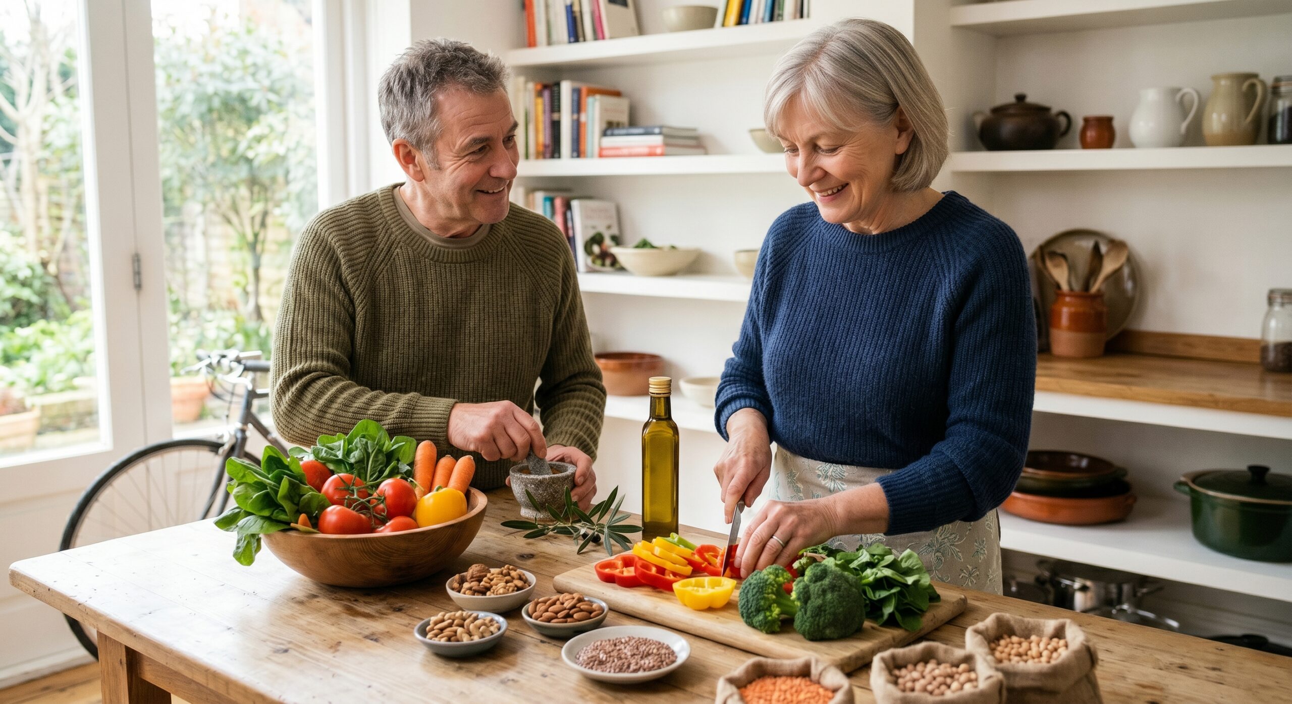 Un couple de seniors souriants cuisine ensemble un repas anti-inflammatoire riche en légumes colorés, oléagineux et légumineuses pour soulager l'arthrose et protéger chaque articulation.