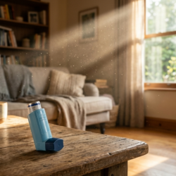 Un inhalateur bleu pour l'asthme posé sur une table basse en bois dans un salon. Un rayon de soleil met en évidence des particules de poussière en suspension dans l'air.