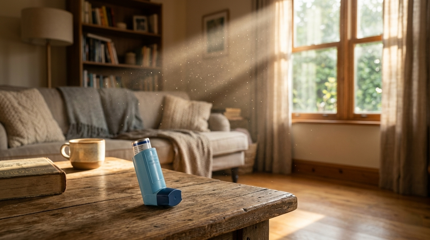 Un inhalateur bleu pour l'asthme posé sur une table basse en bois dans un salon. Un rayon de soleil met en évidence des particules de poussière en suspension dans l'air.