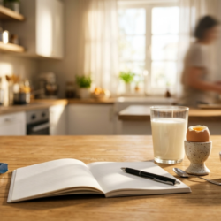 Un inhalateur bleu pour l'asthme posé sur une table de cuisine à côté d'un verre de lait, d'un œuf à la coque, de cacahuètes et d'un journal alimentaire ouvert.