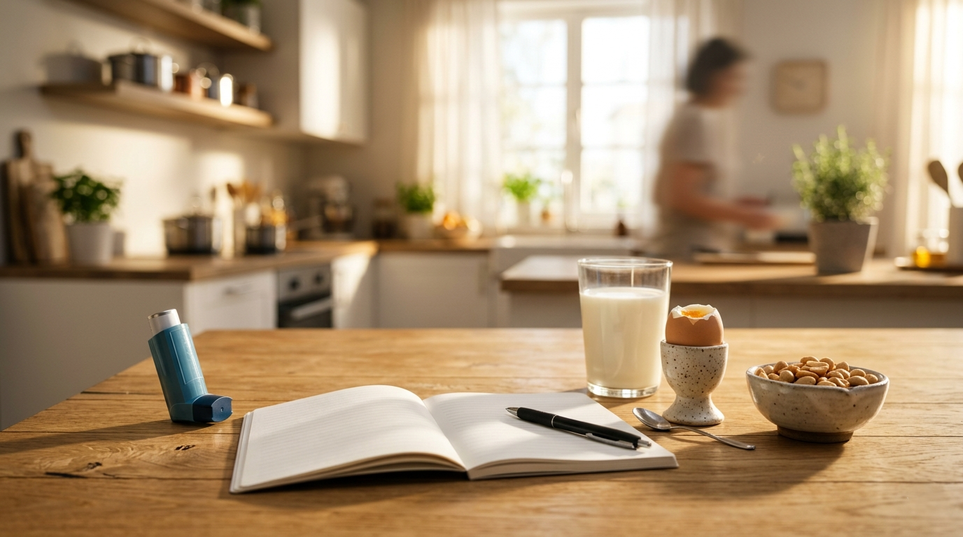 Un inhalateur bleu pour l'asthme posé sur une table de cuisine à côté d'un verre de lait, d'un œuf à la coque, de cacahuètes et d'un journal alimentaire ouvert.