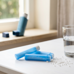 Des tubes d'homéopathie et des granules blanches posés sur une table lumineuse avec un inhalateur bleu pour l'asthme flouté en arrière-plan.