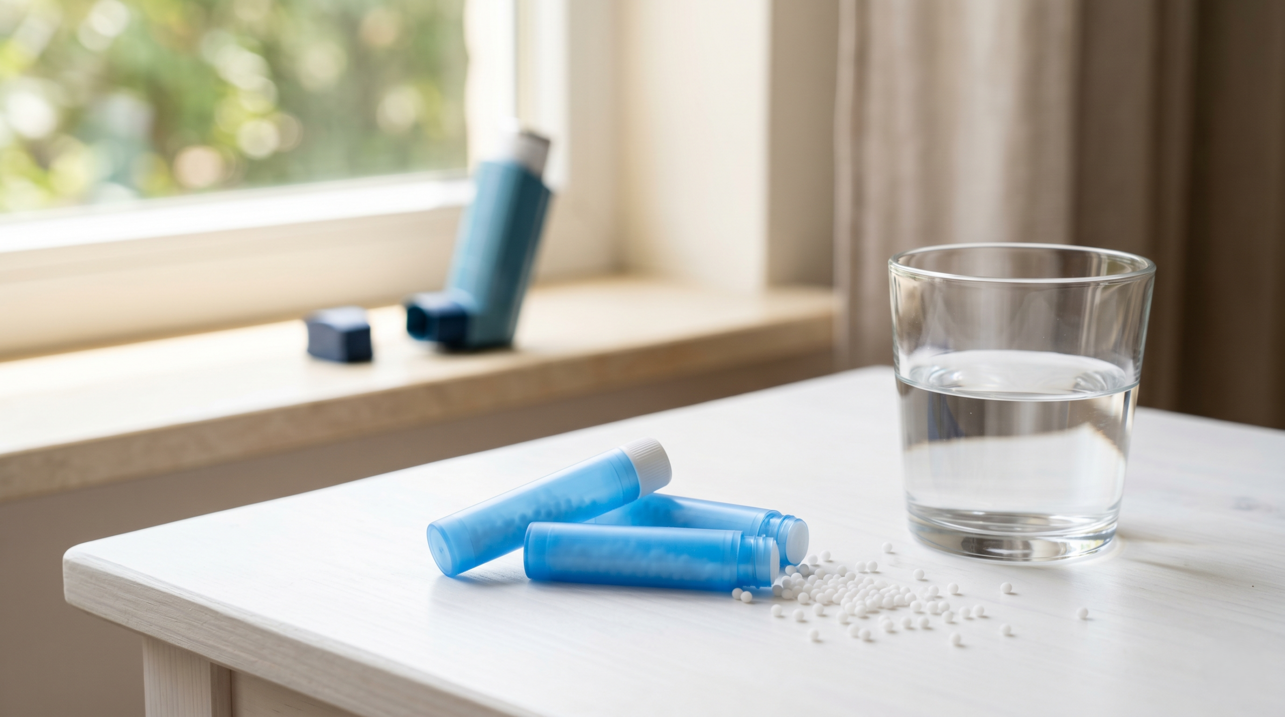 Des tubes d'homéopathie et des granules blanches posés sur une table lumineuse avec un inhalateur bleu pour l'asthme flouté en arrière-plan.