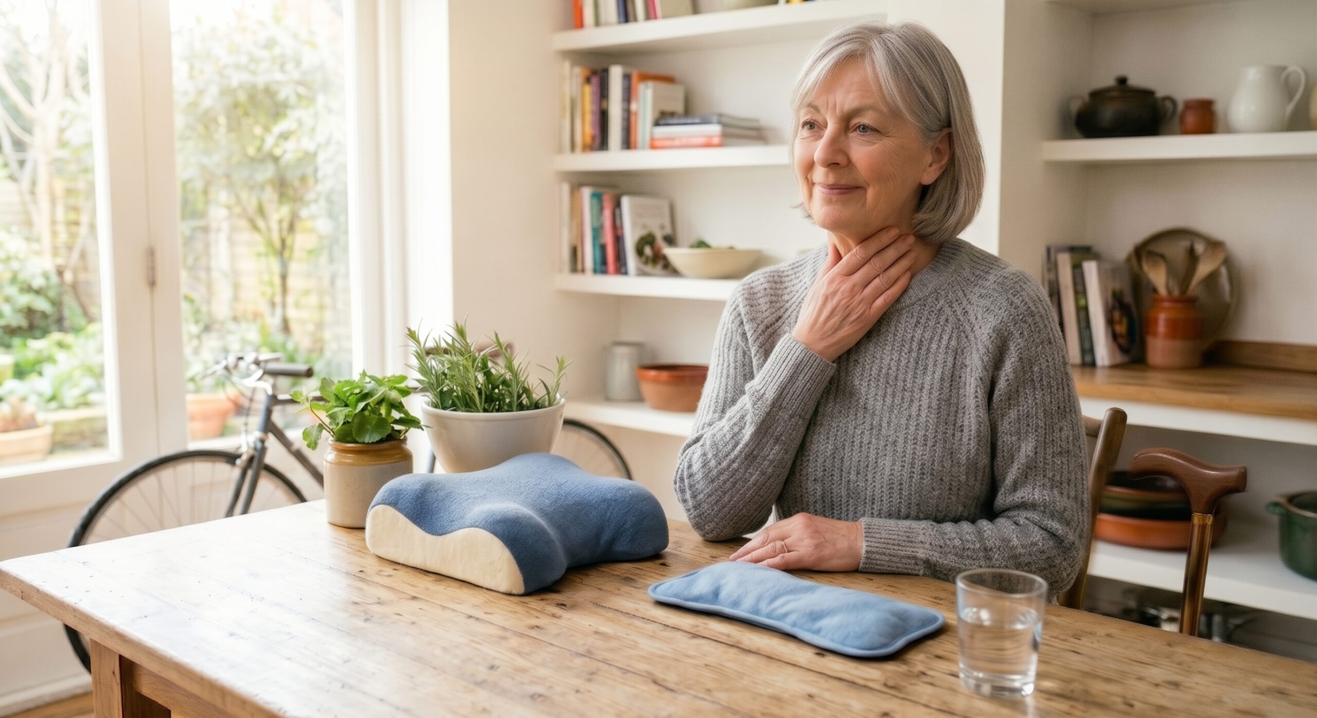 Une femme installée à une table en bois avec un oreiller cervical ergonomique et un coussin chauffant pour trouver une solution pour l'arthrose localisée.