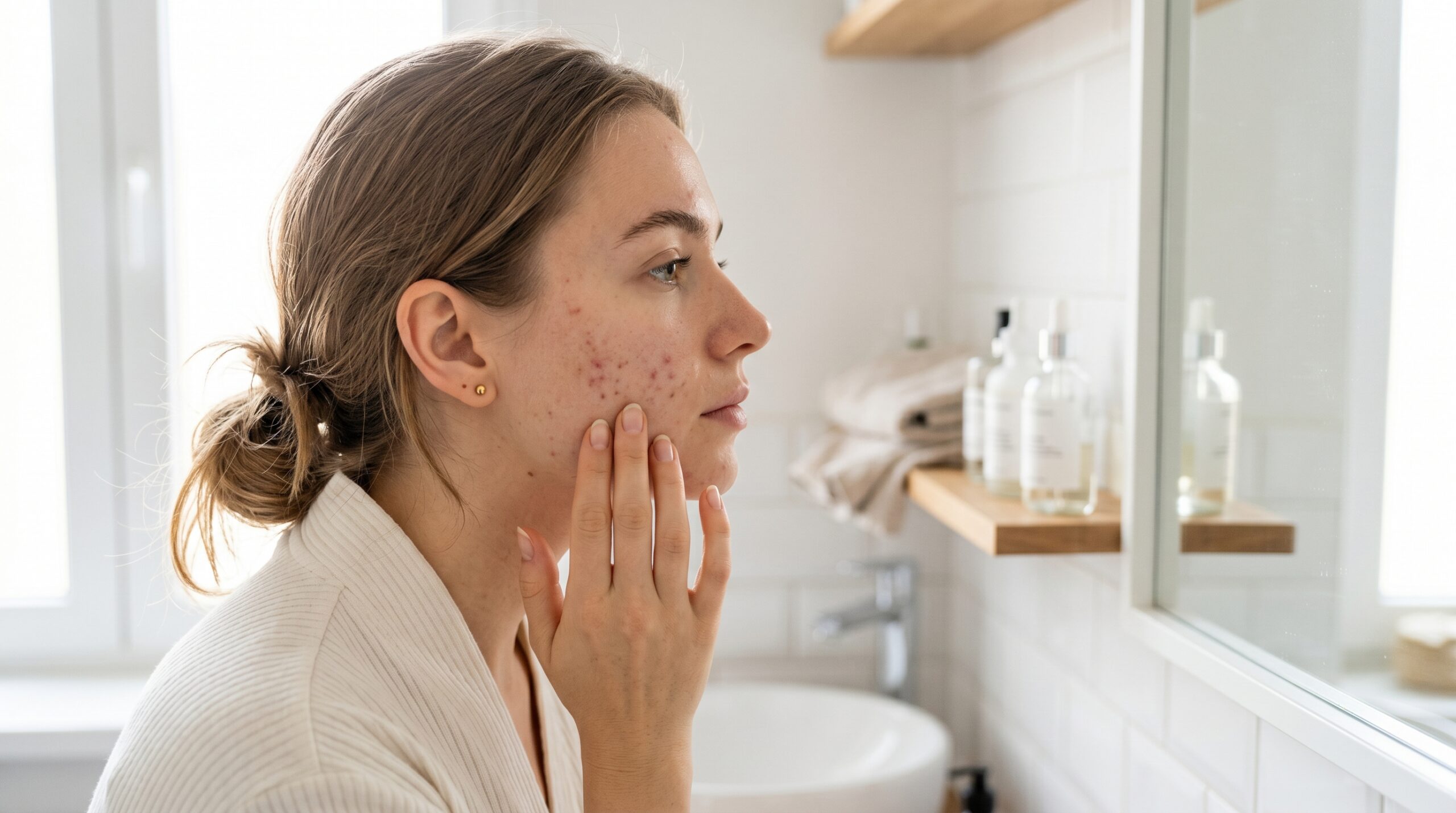 Plan moyen de profil d'une jeune femme dans une salle de bain lumineuse, touchant délicatement sa joue présentant des imperfections d'acné légère tout en se regardant dans un miroir.