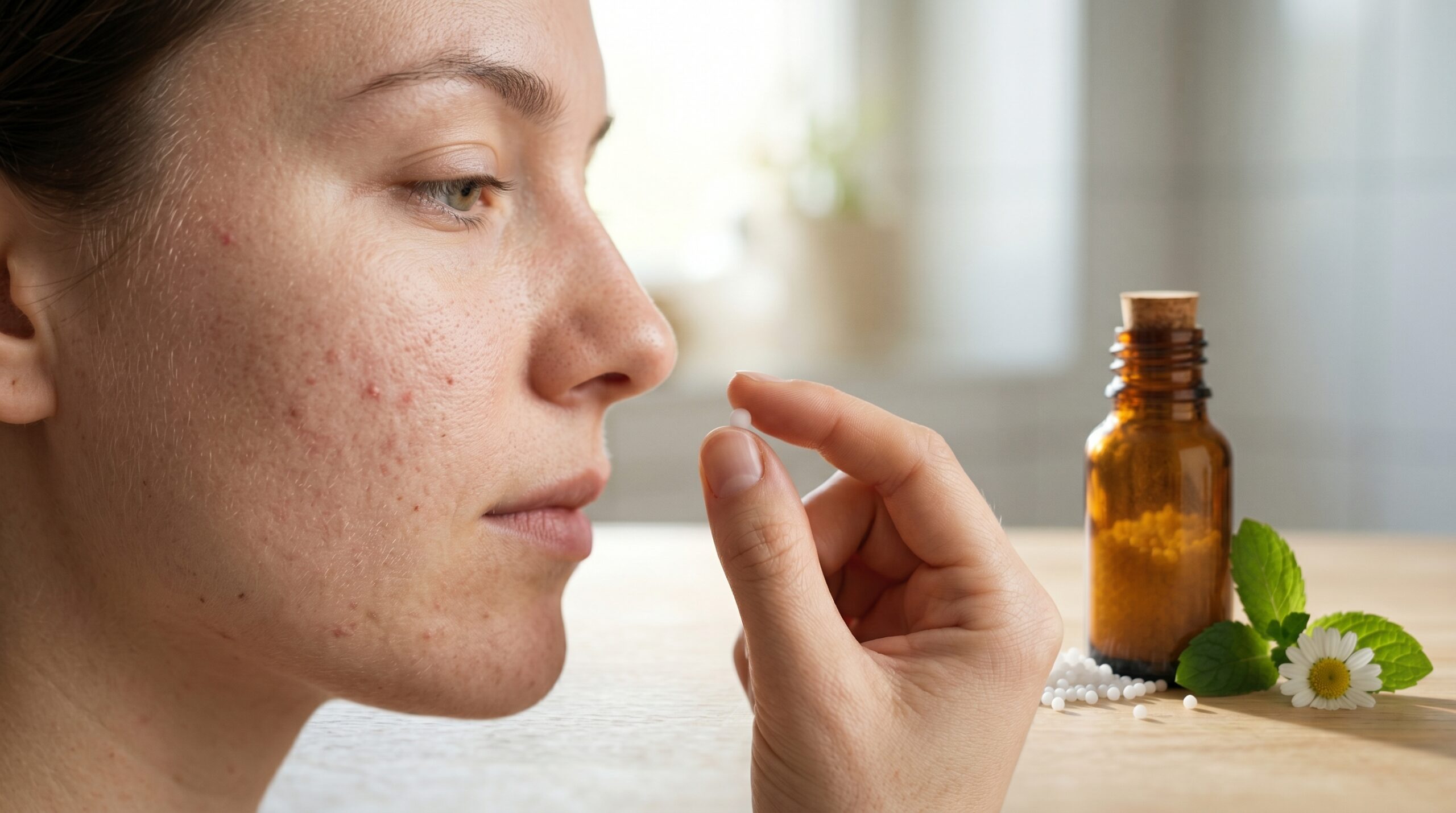 Portrait macro de profil d'une jeune femme avec de l'acné, tenant une granule homéopathique près de sa joue. Flacon ambré, menthe et camomille sur une table en bois en arrière-plan.