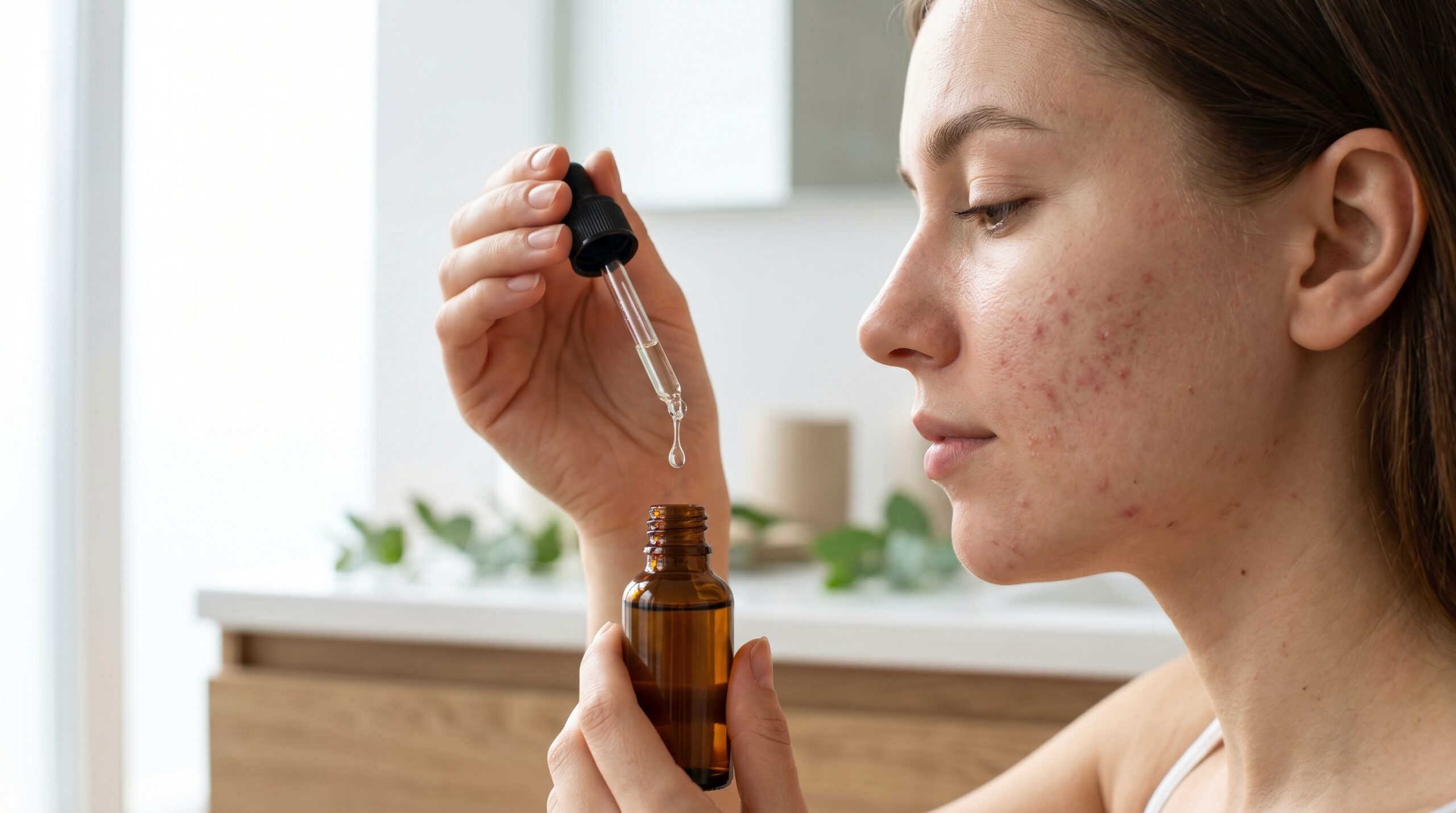 Jeune femme à la peau authentique tenant un flacon compte-gouttes en verre ambré pour appliquer un traitement naturel aux huiles essentielles contre l'acné.