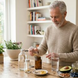 Un homme senior attentionné prépare ses gélules de nutrithérapie sur une table en bois pour sélectionner le meilleur complément alimentaire arthrose au quotidien.