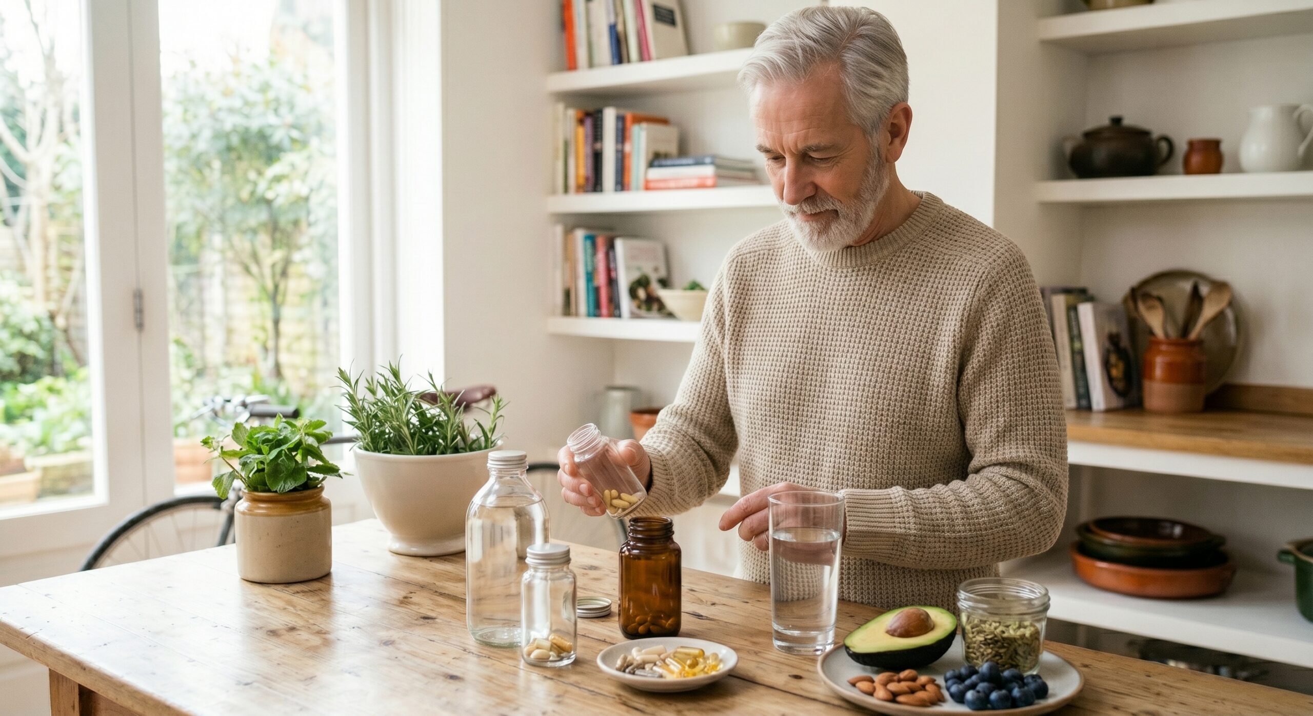 Un homme senior attentionné prépare ses gélules de nutrithérapie sur une table en bois pour sélectionner le meilleur complément alimentaire arthrose au quotidien.
