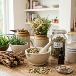 Un assortiment de plantes médicinales et de remèdes naturels (ortie, prêle, cassis) disposés sur une table d'herboriste pour illustrer un arthrose traitement par la phytothérapie.