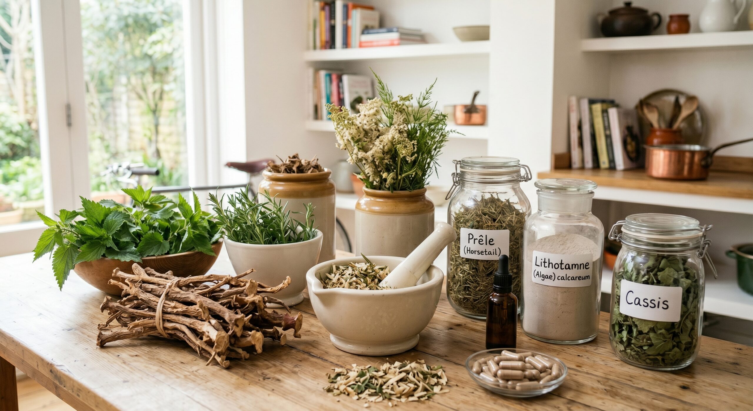 Un assortiment de plantes médicinales et de remèdes naturels (ortie, prêle, cassis) disposés sur une table d'herboriste pour illustrer un arthrose traitement par la phytothérapie.