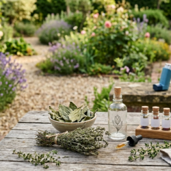Un assortiment de plantes médicinales séchées (plantain, thym) et de flacons de gemmothérapie posés sur une table en bois en extérieur, avec un inhalateur bleu en arrière-plan flou.