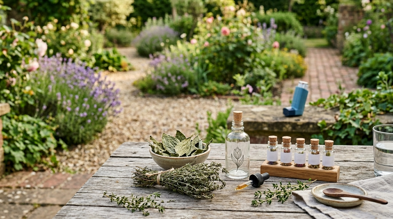 Un assortiment de plantes médicinales séchées (plantain, thym) et de flacons de gemmothérapie posés sur une table en bois en extérieur, avec un inhalateur bleu en arrière-plan flou.