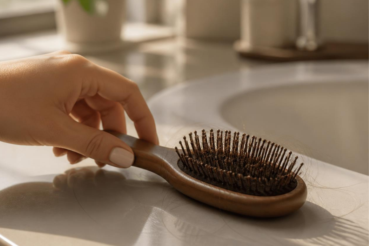 Brosse à cheveux posée sur un lavabo, illustrant la chute de cheveux d'automne