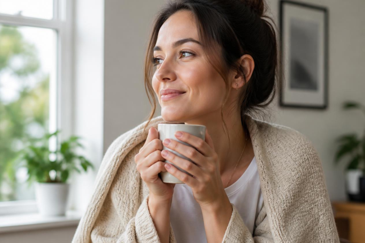 Femme d'une quarantaine d'années enveloppée dans un gilet, tenant une tasse chaude à deux mains près d'une fenêtre