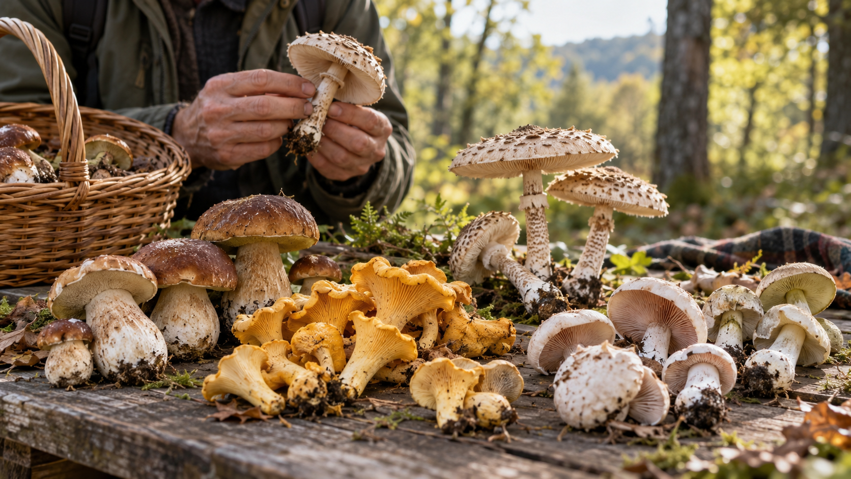 Récolte de champignons en forêt avec plusieurs espèces ressemblantes, pour illustrer les risques de confusion entre champignons comestibles et toxiques.