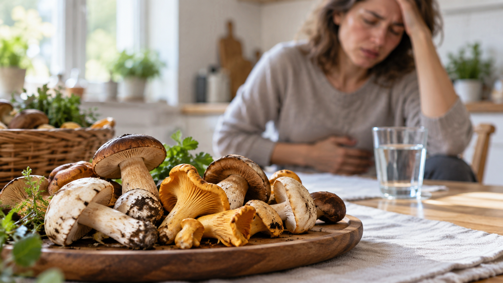 Femme souffrant de nausées après un repas de champignons, illustration d’une possible intoxication aux champignons.