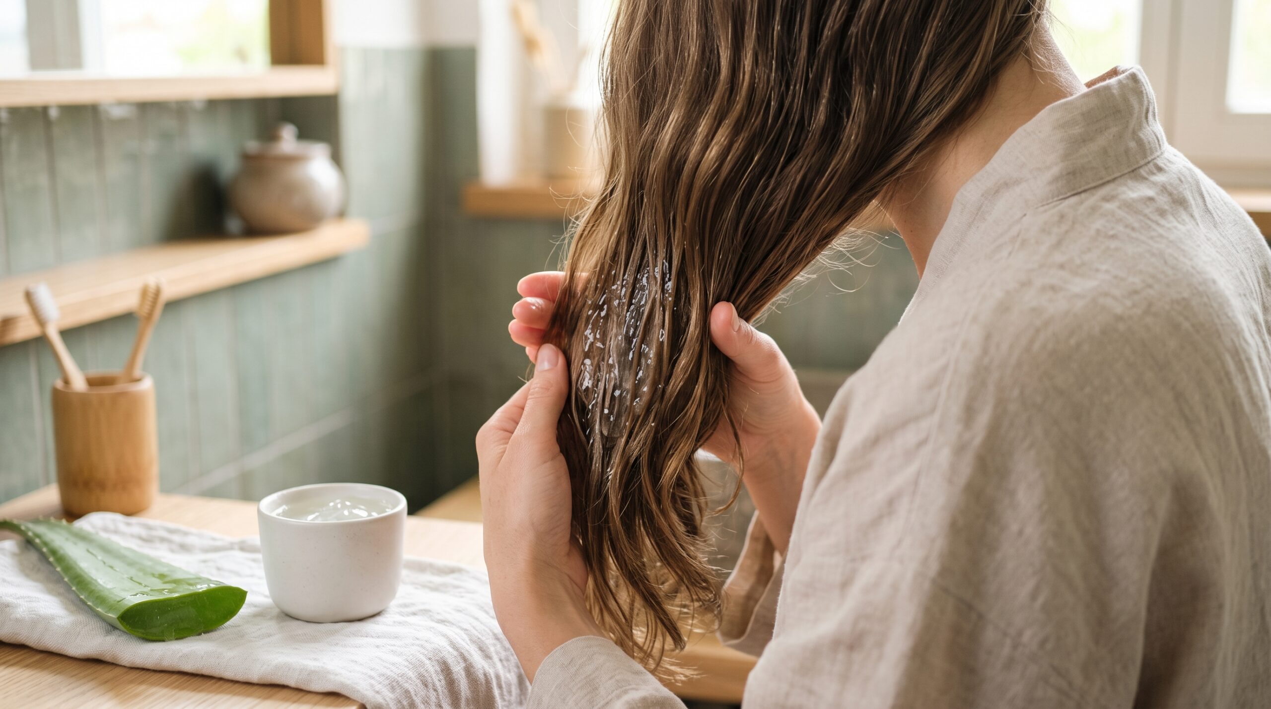 Femme appliquant du gel d'aloe vera sur ses cheveux longs, à côté d'une feuille d'aloe vera coupée (aloe vera cheveux)