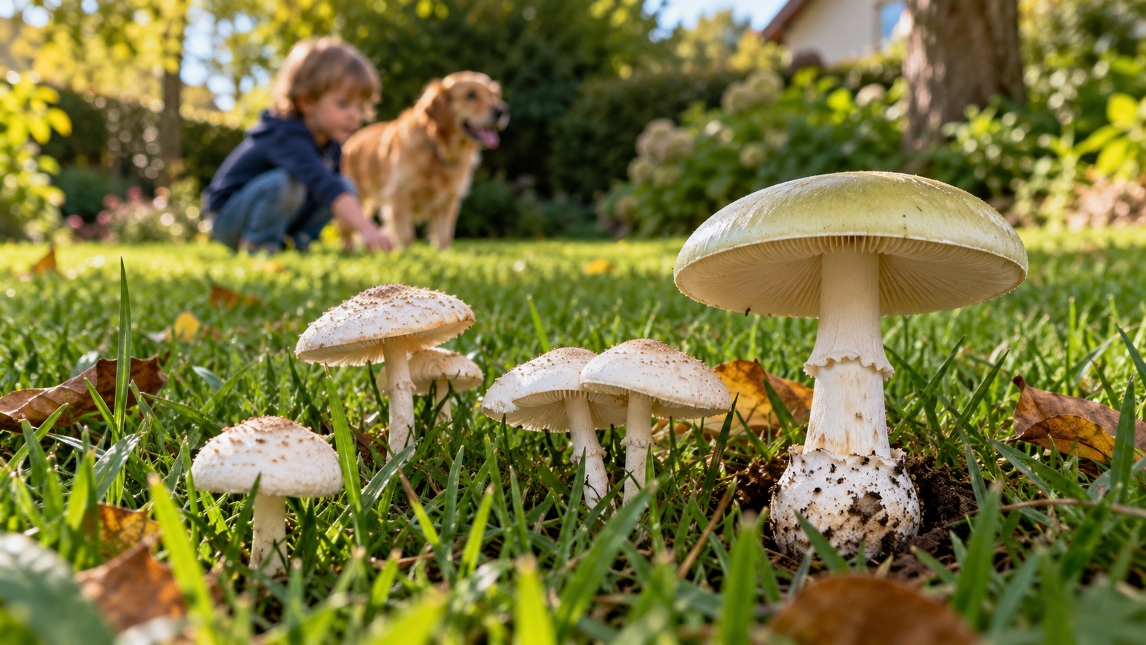Champignons poussant dans une pelouse de jardin, avec un enfant et un chien en arrière-plan, pour illustrer les risques des champignons toxiques au jardin.