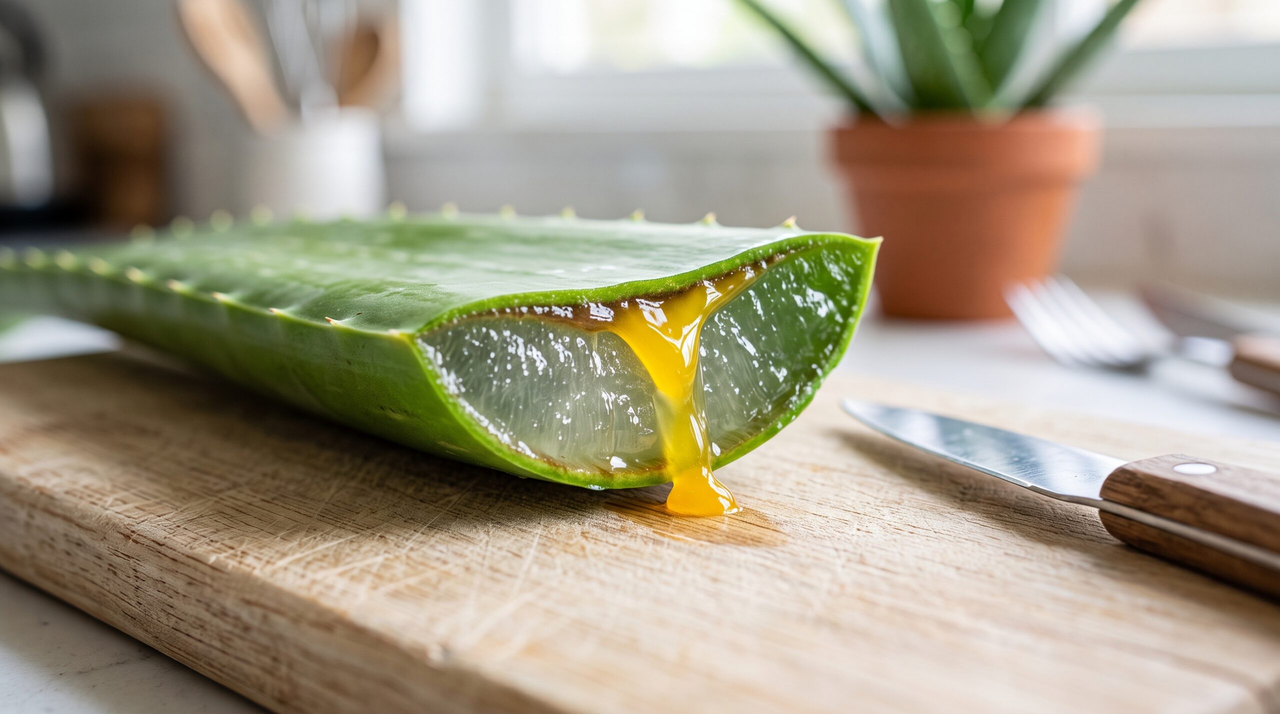 Latex jaune riche en aloïne sur une feuille d'aloe vera coupée, l'un des dangers de l'aloe vera